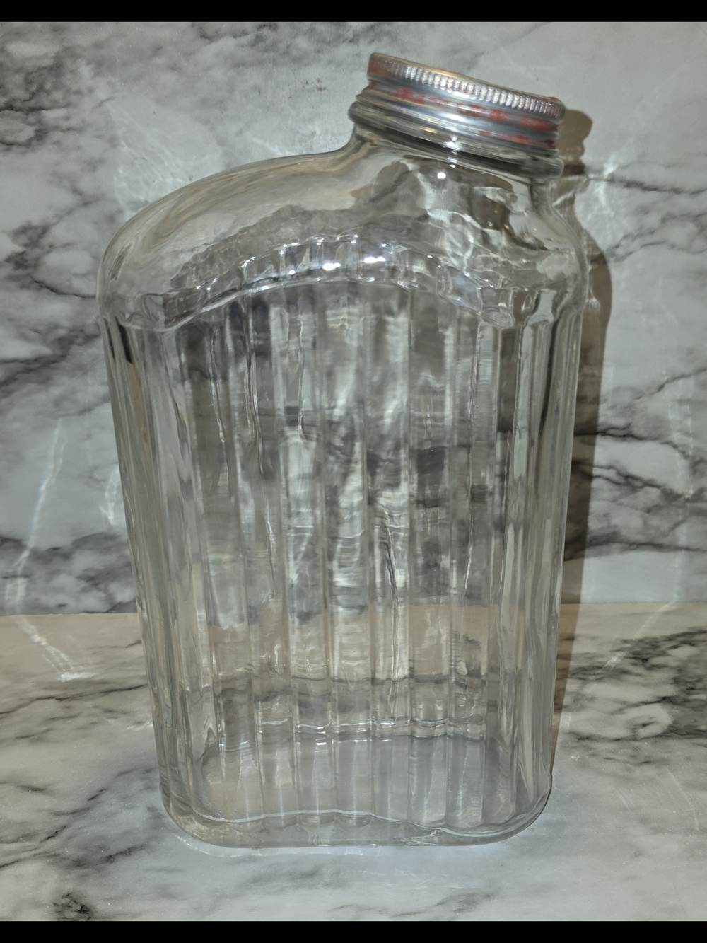 Vintage Ribbed Glass Refrigerator Water Bottle w/ Red Metal Lid c1930s